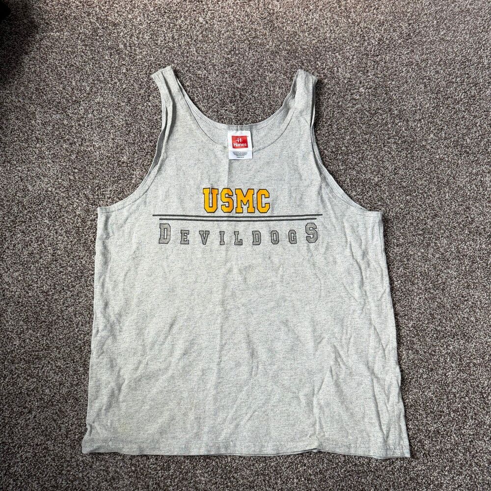 Vintage Hanes USMC Devil Dogs Tank Top Heather Grey U.S. Marine Corps Graphic